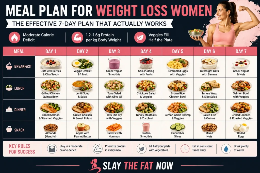 7-day meal plan for weight loss women infographic showing healthy breakfast, lunch, dinner, and snack ideas designed for sustainable fat loss.