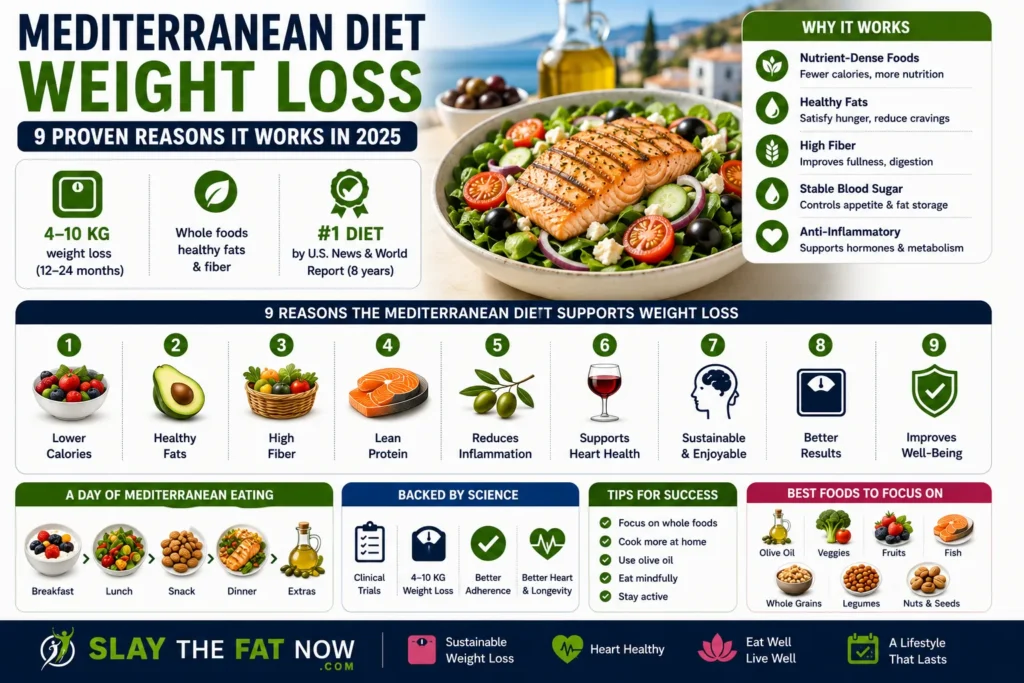 Infographic explaining Mediterranean diet weight loss, featuring healthy foods, proven benefits, and nine science-backed reasons why the Mediterranean diet supports sustainable fat loss and overall health.
