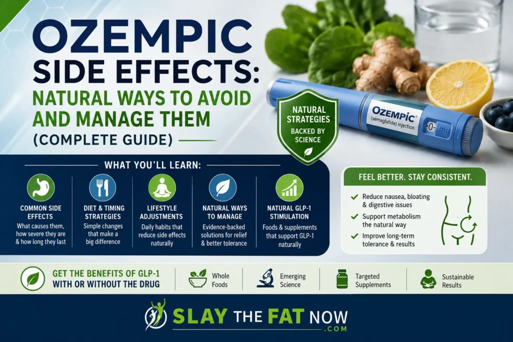 Infographic explaining Ozempic side effects, natural ways to manage nausea and digestive symptoms, lifestyle strategies, diet tips, and foods that support natural GLP-1 activity.