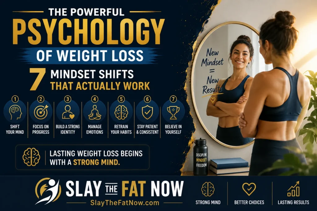 The Powerful Psychology of Weight Loss: 7 Mindset Shifts That Actually Work Infographic about the psychology of weight loss showing seven mindset shifts that help build healthy habits, emotional resilience, and long-term weight loss success.