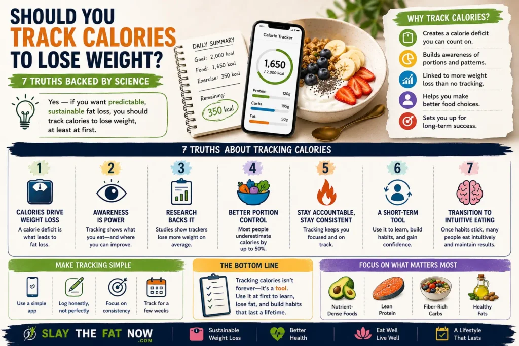 Infographic explaining whether you should track calories to lose weight, featuring seven science-backed truths about calorie tracking, portion awareness, healthy eating, and sustainable fat loss.