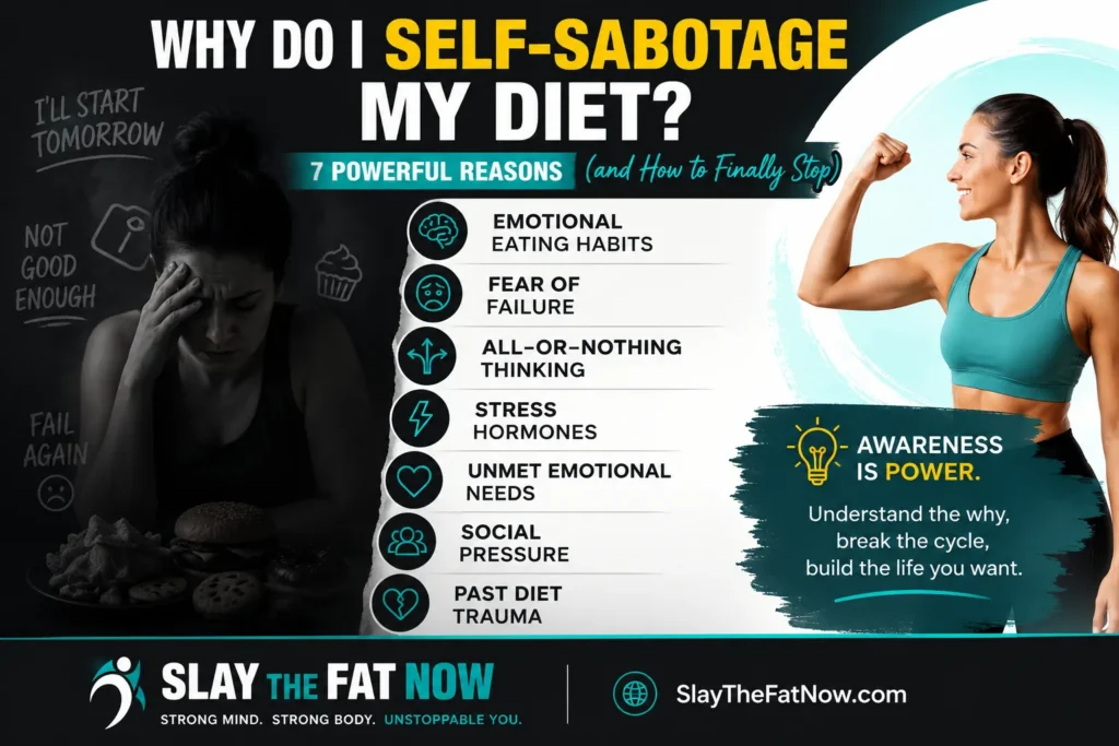 Why do I self-sabotage my diet? Infographic showing the 7 powerful reasons behind diet self-sabotage, including emotional eating, fear of failure, stress, and social pressure by Slay The Fat Now.