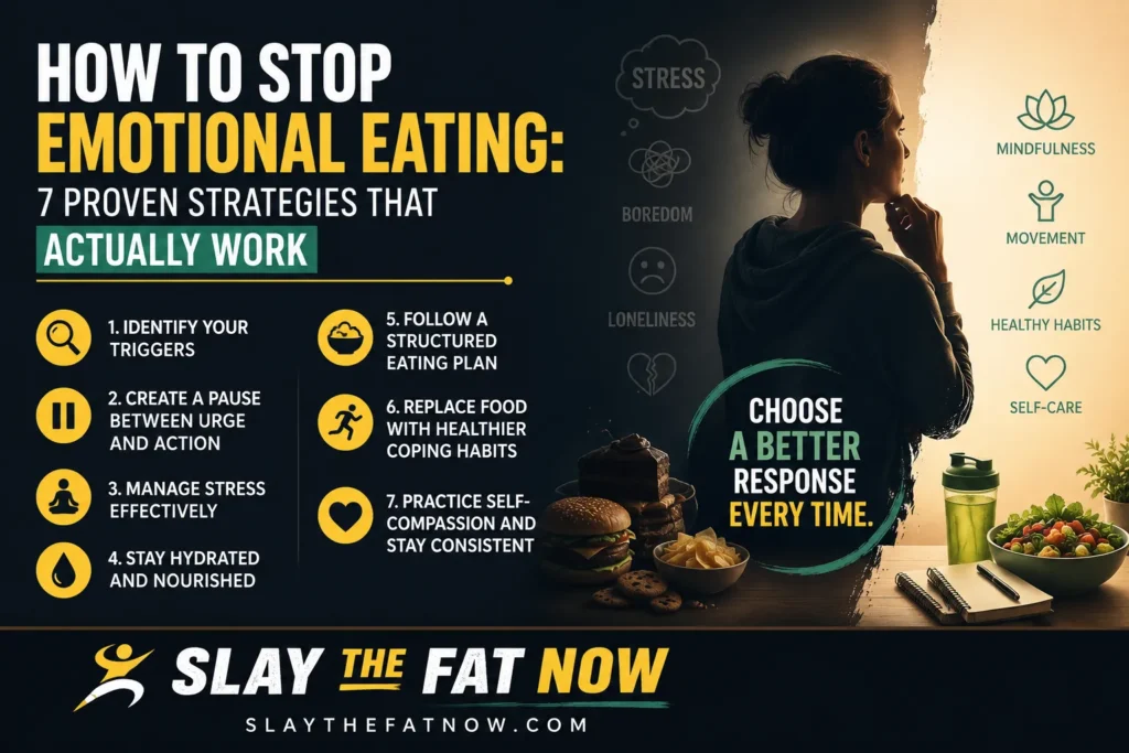 How to Stop Emotional Eating: 7 Proven Strategies That Actually Work How to Stop Emotional Eating infographic showing 7 proven strategies to overcome emotional eating, manage stress, and build healthier habits by Slay The Fat Now.