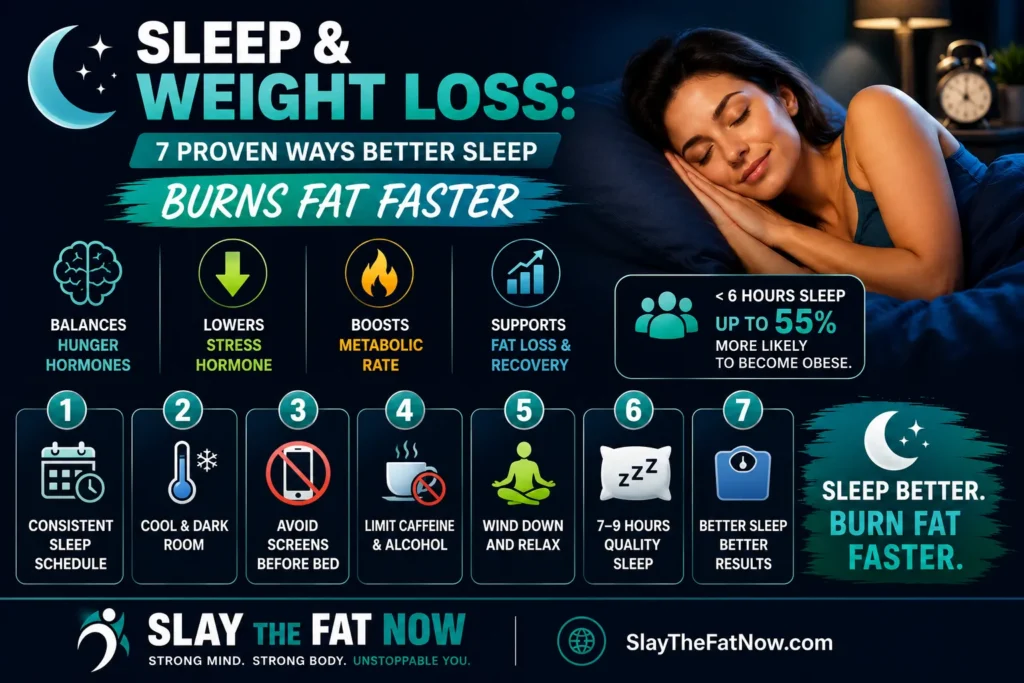 Sleep and Weight Loss: 7 Proven Ways Better Sleep Burns Fat Faster Sleep and weight loss infographic showing 7 proven ways better sleep helps burn fat faster, including hormone balance, stress reduction, improved metabolism, and healthy sleep habits.
