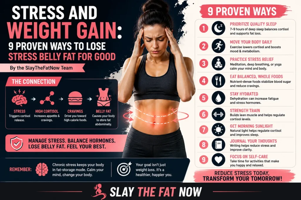Infographic explaining the connection between stress and weight gain with 9 proven ways to lose stress belly fat naturally and support healthy cortisol levels.