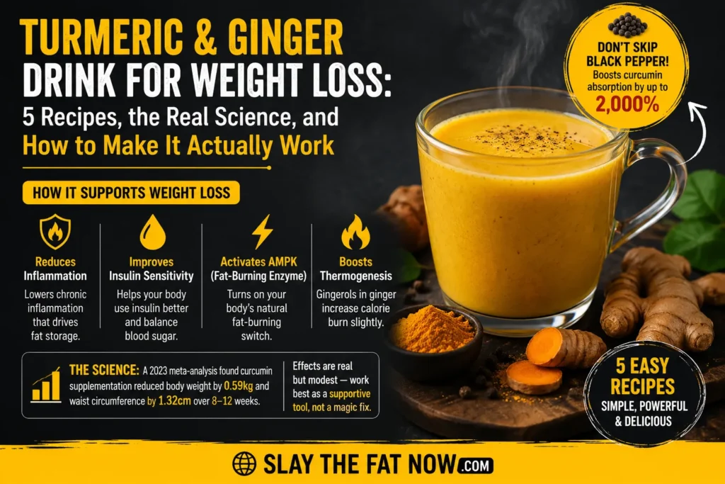 Turmeric and ginger drink for weight loss with black pepper, highlighting five recipes and science-backed benefits for fat loss, metabolism, insulin sensitivity, and inflammation reduction.
