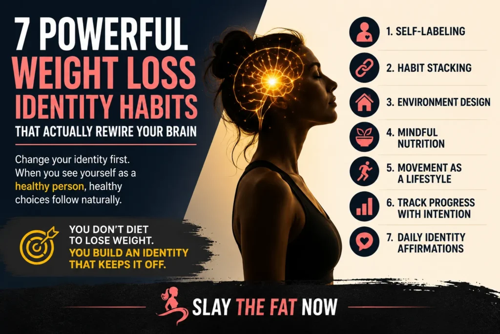 Infographic showing 7 powerful weight loss identity habits that rewire your brain and help create healthy lifestyle habits for sustainable fat loss.