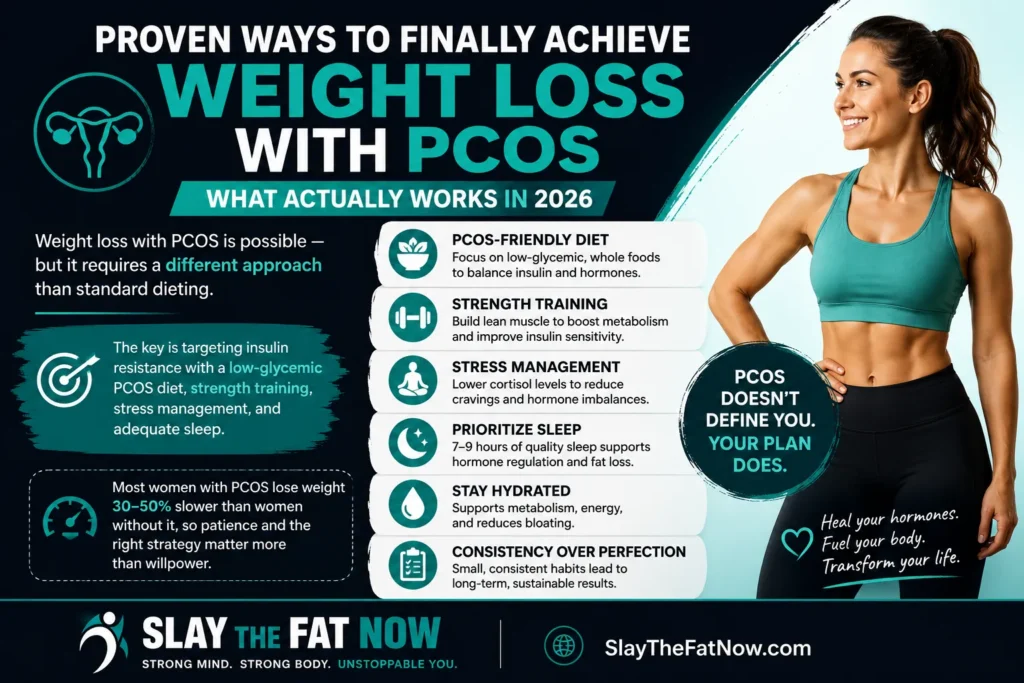 Proven Ways to Finally Achieve Weight Loss with PCOS in 2026 Weight loss with PCOS infographic showing proven strategies including a low-glycemic PCOS diet, strength training, stress management, quality sleep, and hydration for sustainable weight loss.