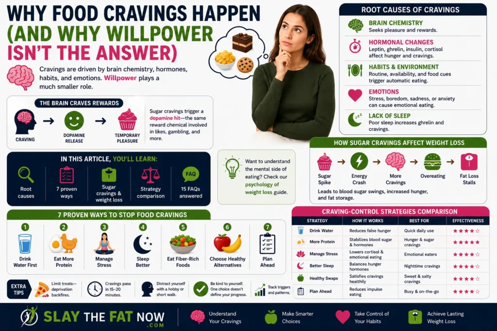 Why Food Cravings Happen (And Why Willpower Isn’t the Answer) | Slay The Fat Now Infographic explaining why food cravings happen, covering brain chemistry, hormones, habits, emotions, and science-backed strategies to reduce cravings and support healthy weight loss.
