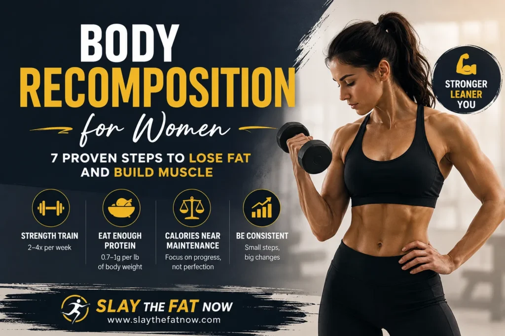 Body Recomposition for Women: 7 Proven Steps to Lose Fat and Build Muscle | Slay the Fat Now Body recomposition for women guide showing strength training, protein intake, and fat loss with muscle building by Slay the Fat Now.