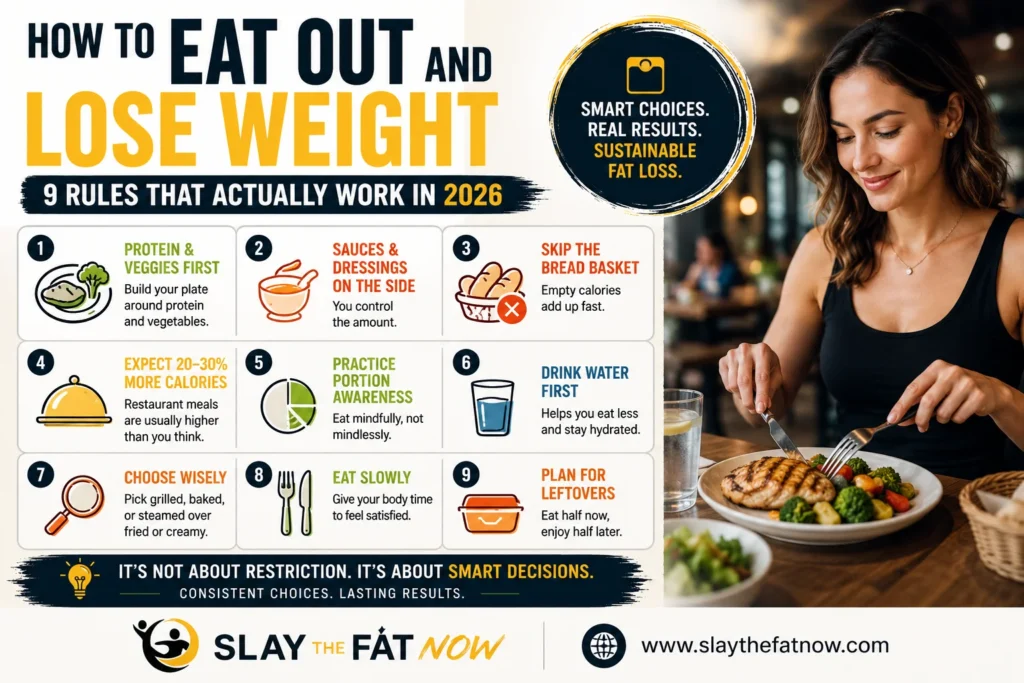 How to Eat Out and Lose Weight: 9 Rules That Actually Work in 2026 | Slay the Fat Now Infographic explaining how to eat out and lose weight with 9 practical restaurant rules, including choosing protein and vegetables, portion control, and healthy dining tips by Slay the Fat Now.