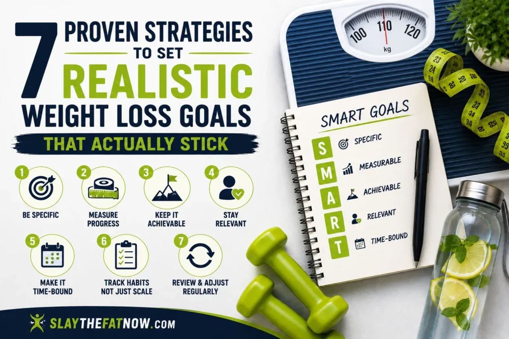 7 Proven Strategies to Set Realistic Weight Loss Goals That Actually Stick | Slay the Fat Now Infographic showing realistic weight loss goals with SMART goal framework, weight scale, measuring tape, dumbbells, and healthy lifestyle tools for sustainable fat loss.
