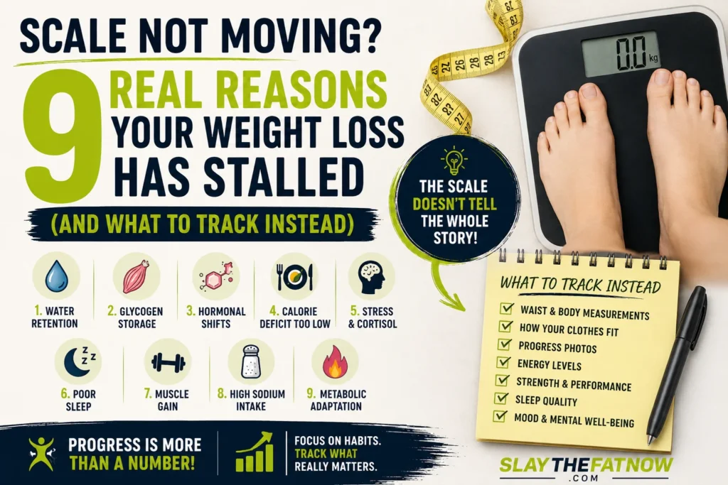 Scale Not Moving? 9 Real Reasons Your Weight Loss Has Stalled (And What to Track Instead) | Slay the Fat Now Infographic explaining why the scale is not moving during weight loss, featuring a bathroom scale, measuring tape, and non-scale progress indicators such as body measurements, clothing fit, and progress photos.