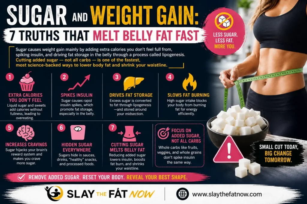 Sugar and Weight Gain: 7 Truths That Melt Belly Fat Fast | Slay the Fat Now Infographic explaining sugar and weight gain, showing how added sugar increases belly fat, spikes insulin, boosts cravings, and slows fat burning with practical tips for reducing sugar intake by Slay the Fat Now.